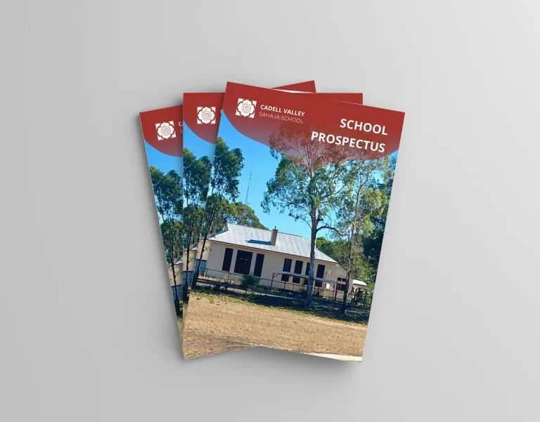 Cover design of the Cadell Valley Sahaja School prospectus featuring the school building and publication branding