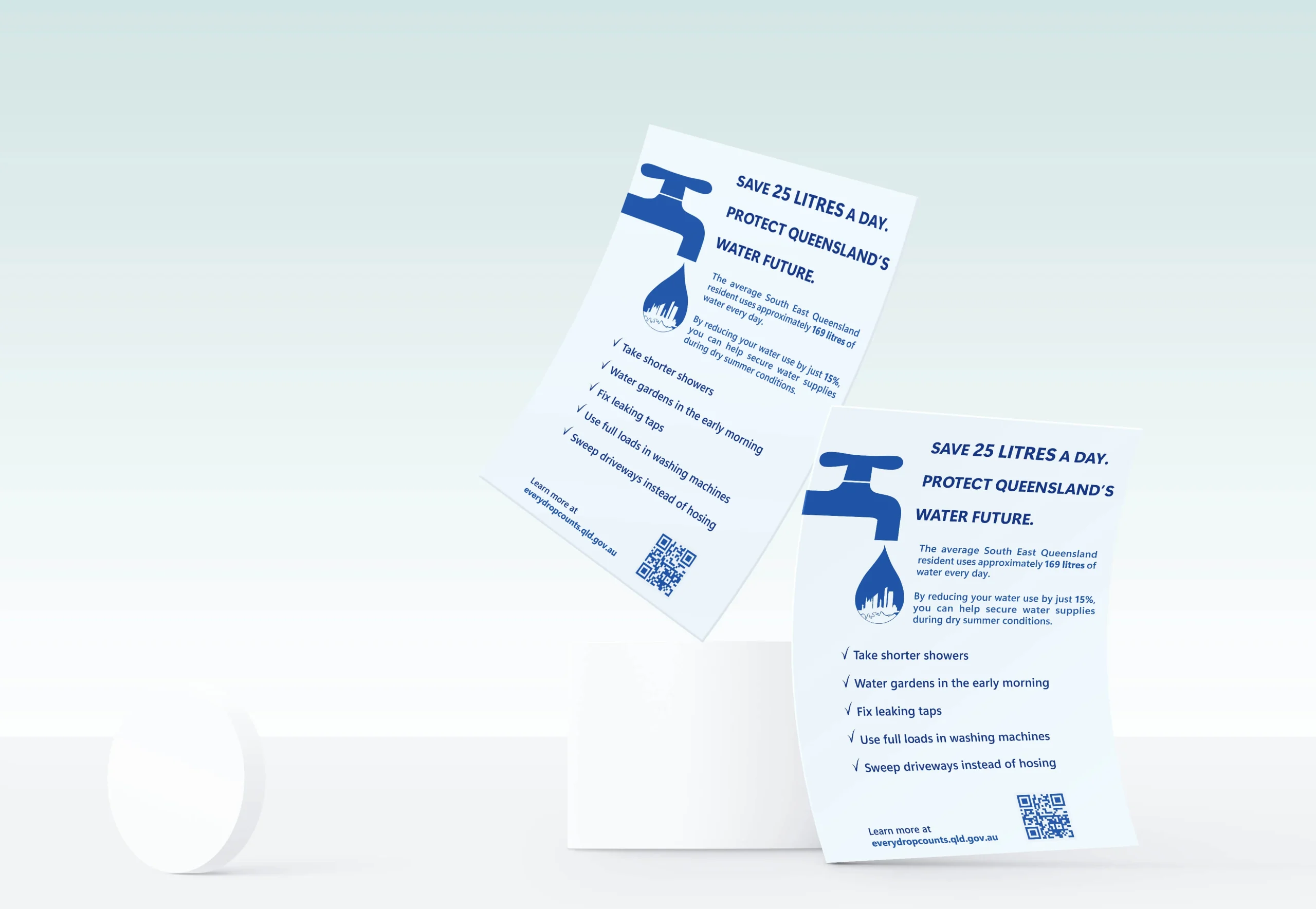 Public awareness poster encouraging Brisbane residents to reduce water consumption.