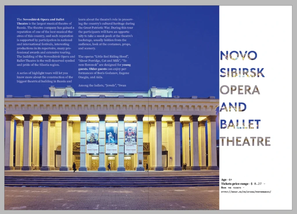 Novosibirsk Opera and Ballet Theatre editorial spread featuring architectural photography, a multi-column layout and expressive typography