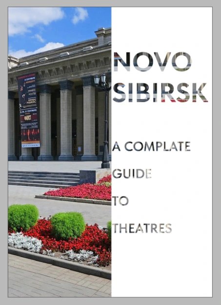 Novosibirsk theatre guide cover design featuring architectural photography, a split layout and bold experimental typography