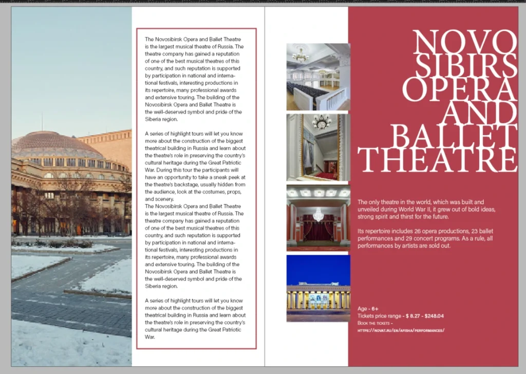 Novosibirsk Opera and Ballet Theatre editorial spread featuring architectural photography, a multi-column layout and expressive typography