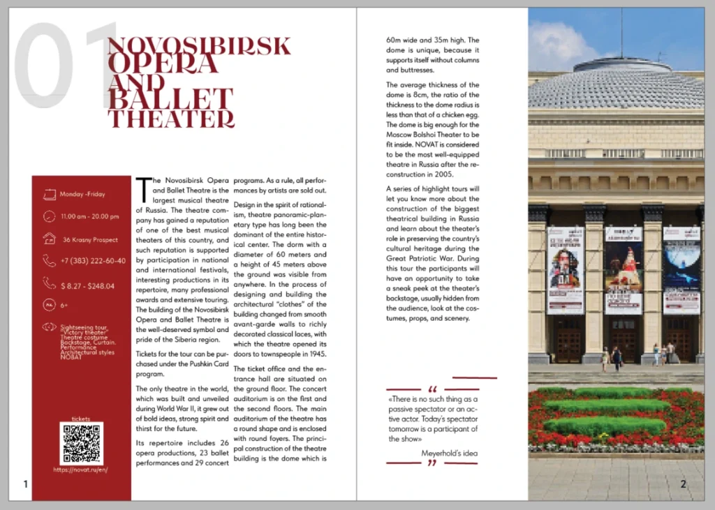 Editorial design spread for the Novosibirsk Opera and Ballet Theatre guide, featuring a multi-column layout, bold typography, visitor information and architectural photography
